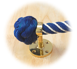 2 ply knot in navy nylon and cotton wormed rope with brass stair rope fitting